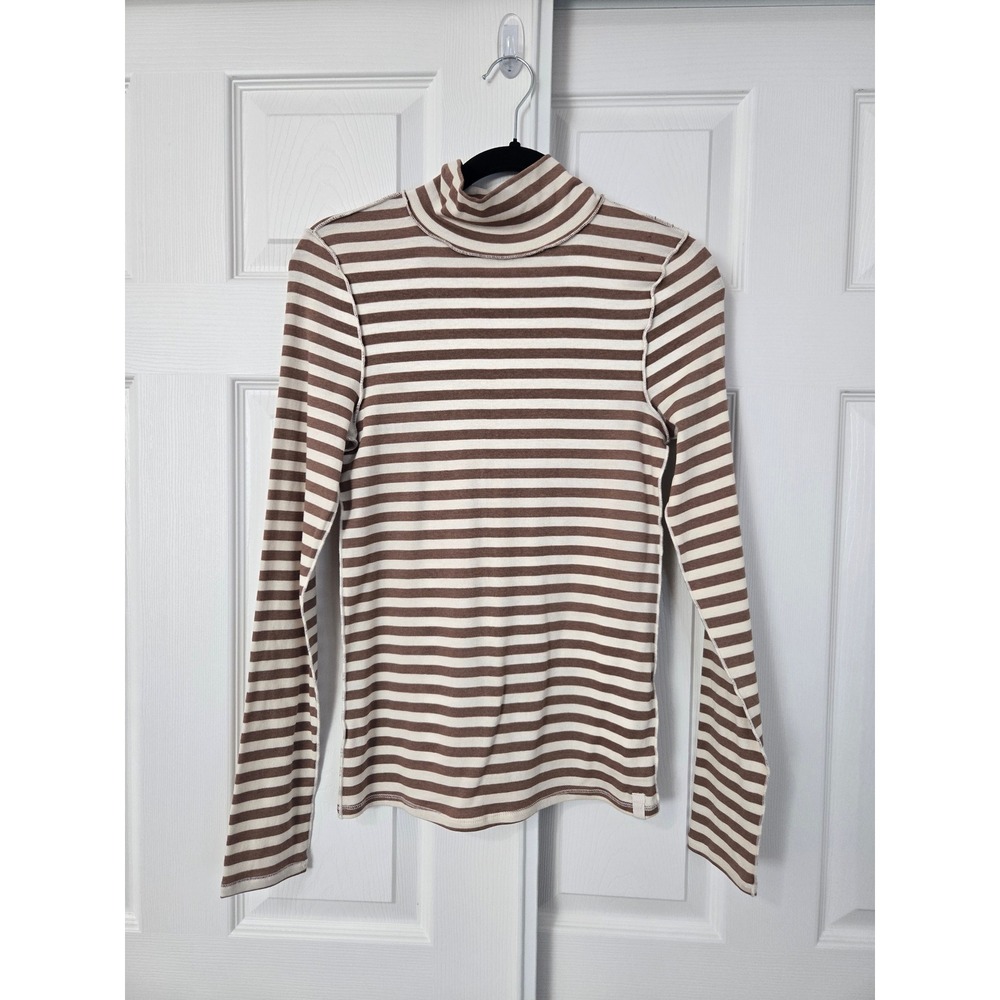 We The Free Free People Brown Striped Turtleneck Top Exposed Seam Ribbed Medium